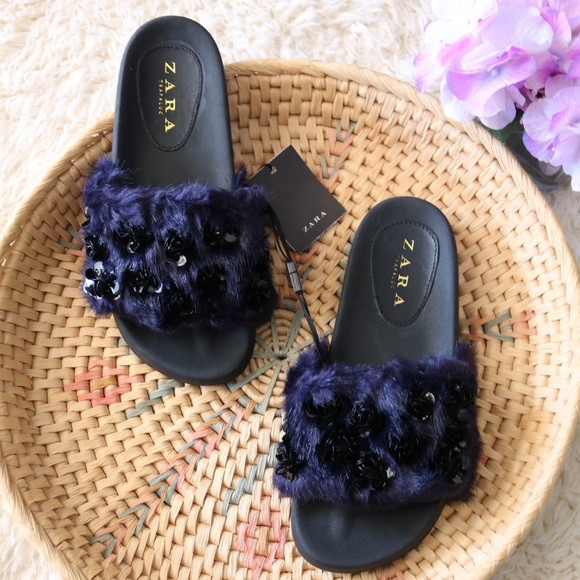 Zara Shoes - New Zara Blue Faux Fur Slides With Floral Details